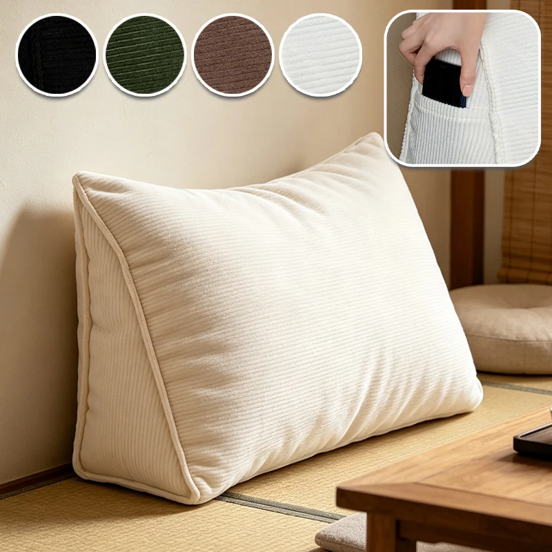 Corduroy Wedge Headboard Pillow Bed Backrest Cushion with Side Pocket PP Cotton Filled Reading Pillow Removable Washable Cover