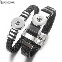 Stainless Steel Black Weave 312 Pu Leather Fit 18mm Snap Button Bangle Bracelet Charm Jewelry For Women Men Gift 21cm 20cm