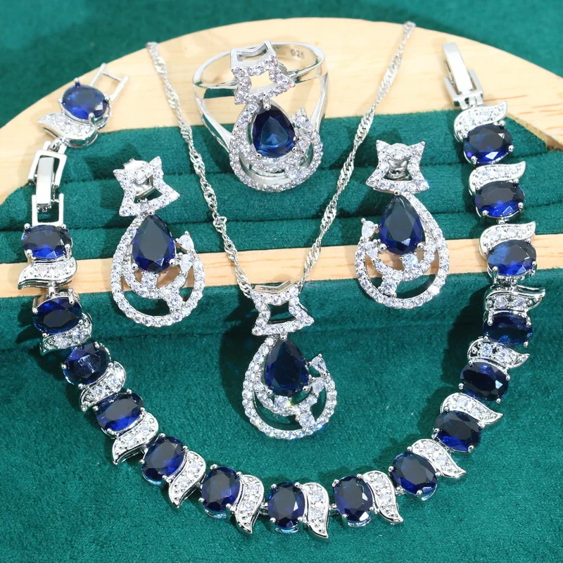 

Blue Zircon 925 Silver Bridal Jewelry Sets For Women Earrings Necklace Pendant Ring Bracelet Dating Gifts