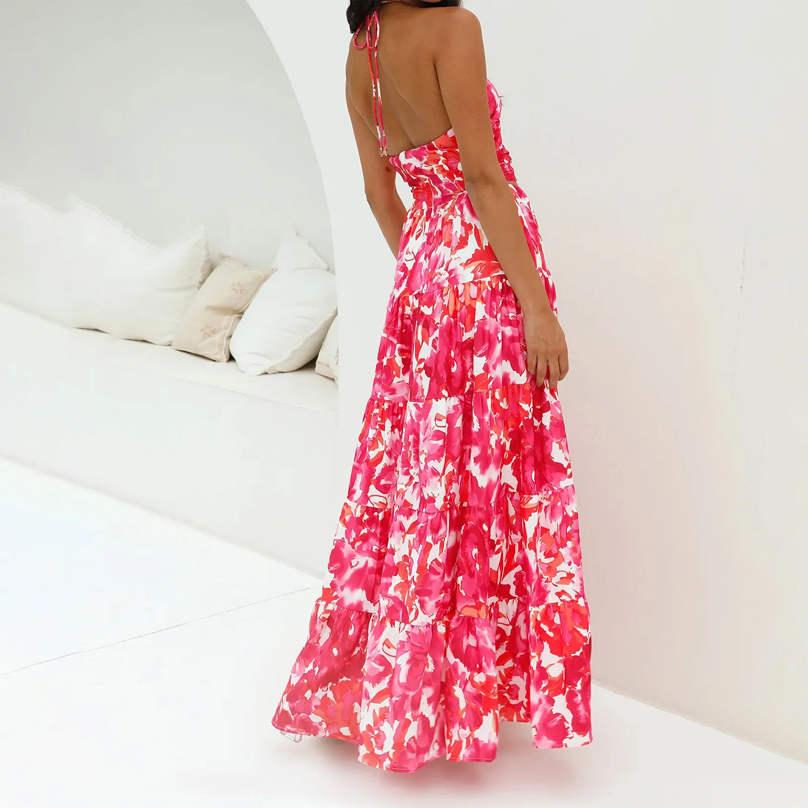 2025 Women Lace-up Long Dress Sleeveless Halter Dress Backless Flower Print Hollowed Summer Swing Dress Beach