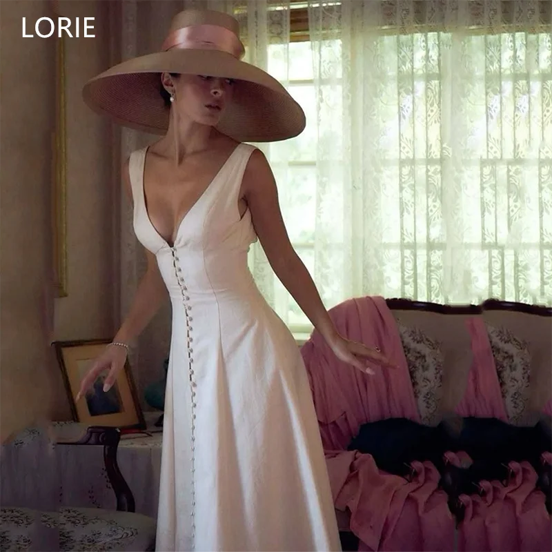LORIE Button V-Neck Wedding Dresses A-Line Spaghetti Strap Ankle-Length Bride Prom Gown Elegent Bridal Gowns Customized
