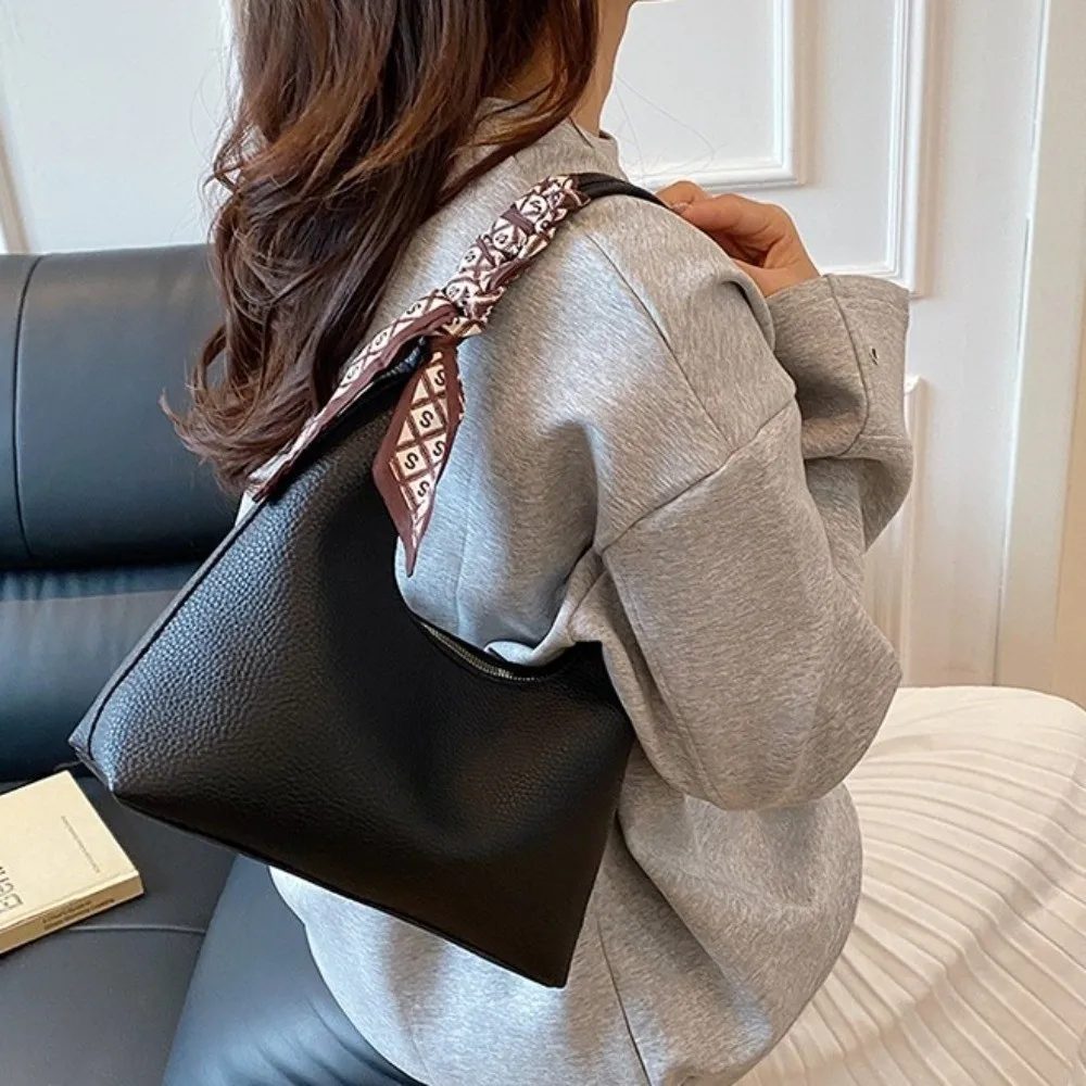 Spacious Textured Tote Bag Detachable Scarf Trendy Leather Shoulder Purse Versatile Durable Zipper Underarm Handbag Work