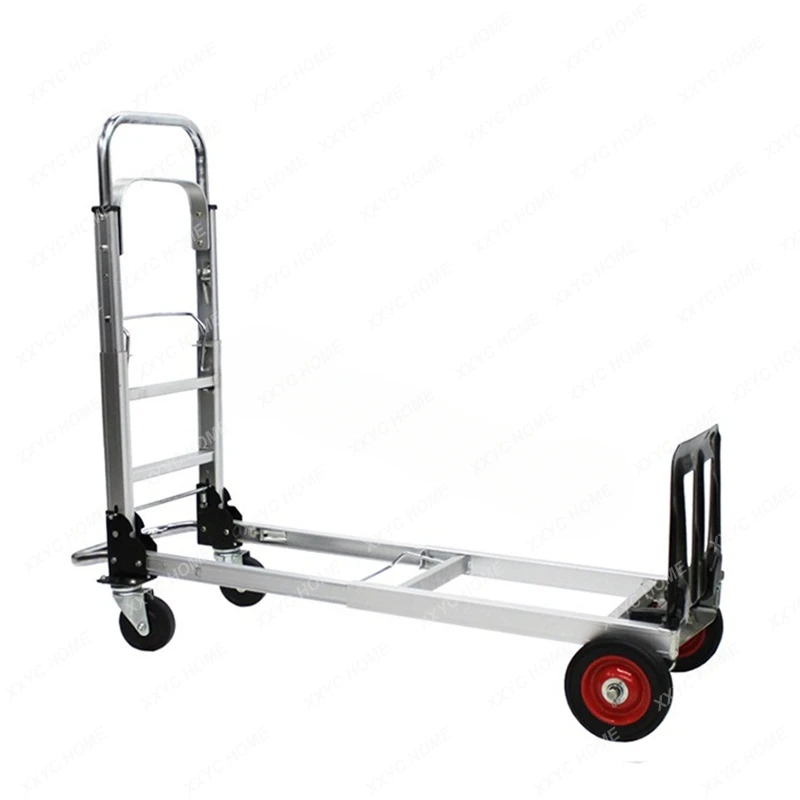 

Folding Four Wheel Hand Pulled Luggage Cart Shopping Express Logistics Cart All Aluminum Flat Plate Handling Cargo Trolley