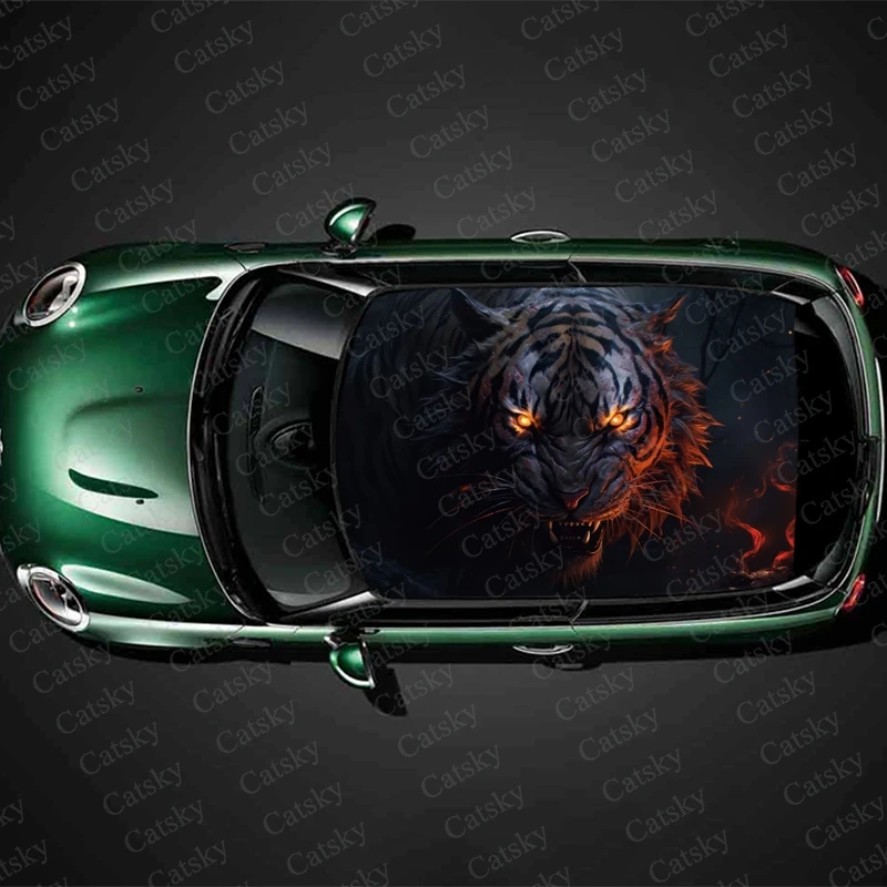 Terrifying Evil Tiger Car Roof Sticker Wrap Racing SUV Accessories Packaging Painted PVC Custom Car Graphic Decal