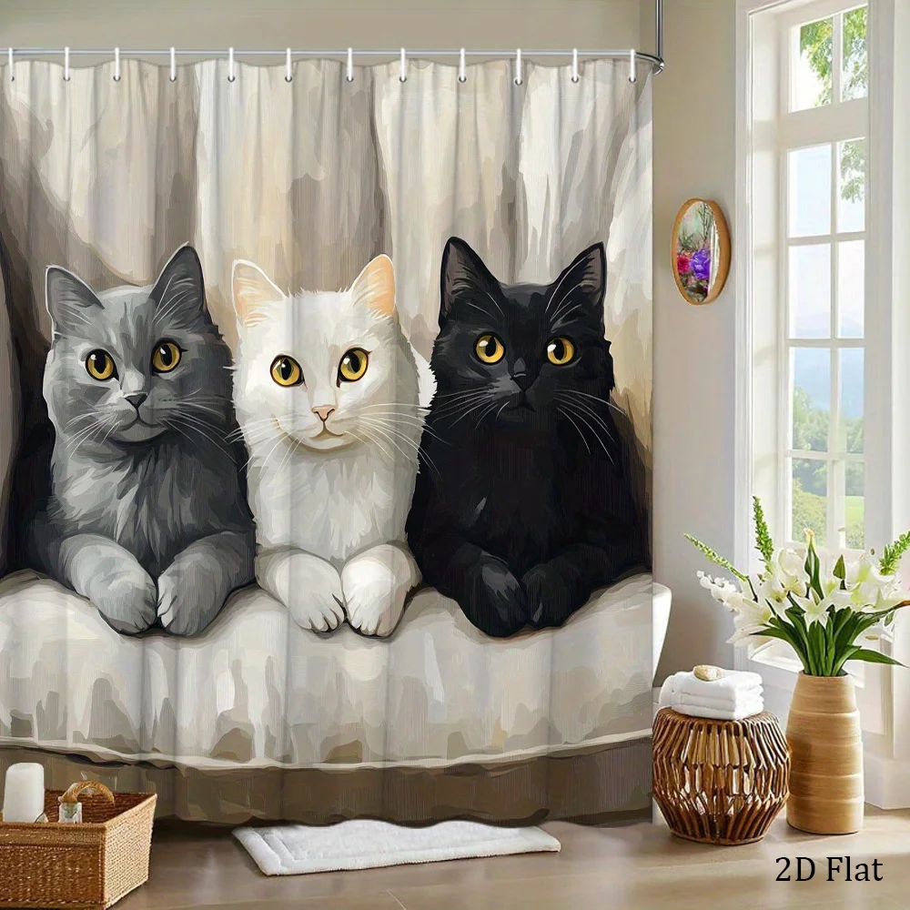 2D Flat, 1pc 2D Flat Cat Trio Shower Curtain Grey White Black Cats Beige Couch Realistic Feline Art Polyester Bathroom Decor wit