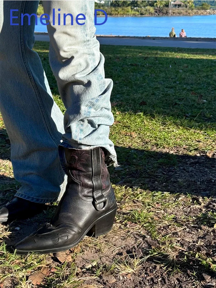 

Embroidered Thick Heeled Short Boots Fashionable Pointed Western Style Mid Heeled Sleeves Trendy Men's Patterned Chelsea Boots