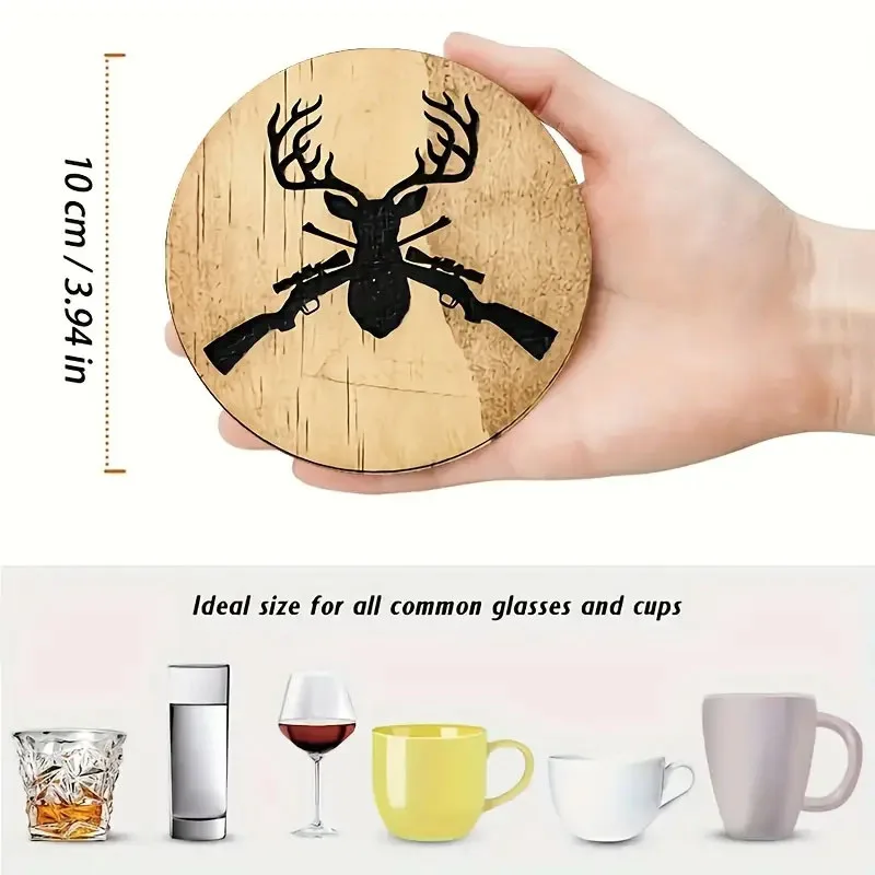 The 6-Piece Set of Deer Series Themed Wooden Printed Coasters and Anti-Slip Pads Is Suitable for the Kitchen and Christmas Gifts