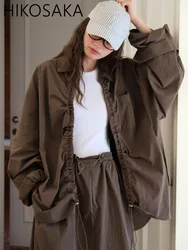 Turn-down Collar Loose Drawstring Shirts Top Solid All-match Casual Long Sleeve Coats 2024 Autumn Newcasual All-match Outwears