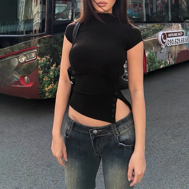 

Женская футболка OMSJ с воротником-стойкой, коротким рукавом, асимметричным подолом, эластичная, облегающая, с пуговицами, в стиле Y2K, повседневная, топ