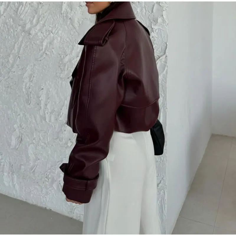 Manteau femme rouge foncé en cuir Pu solide revers veste courte mode poches manches longues manteau court 2025 dame automne Streetwear