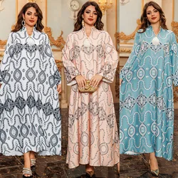 Muslim Ramadan Eid Women Printing Rhinestone Long Sleeve V Collar Daily Loose Ethnic Clothing African Boubou Kaftan