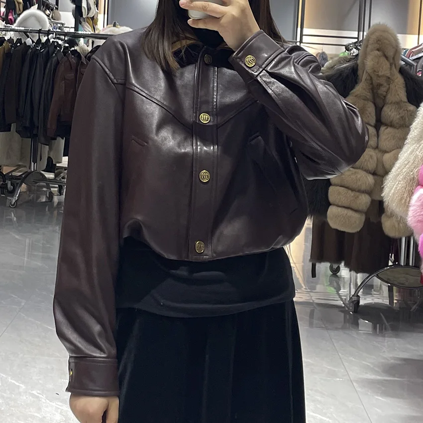 Giacca da donna corta in vera pelle marrone autunno e inverno Cappotto elegante ed elegante JFB6-25001