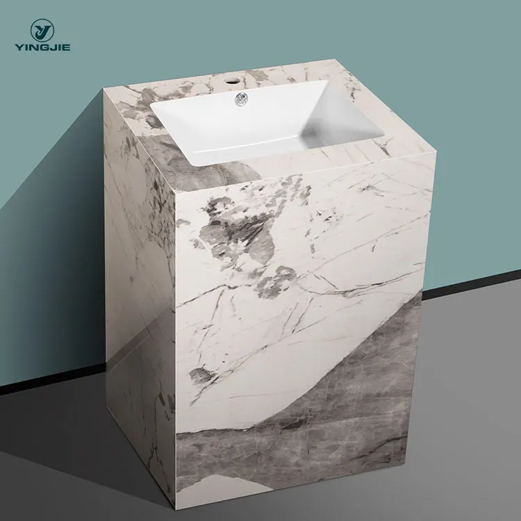 European Design Sintered Stone Bathroom Sinks Rectangular Unique One Piece Pedestal Basin