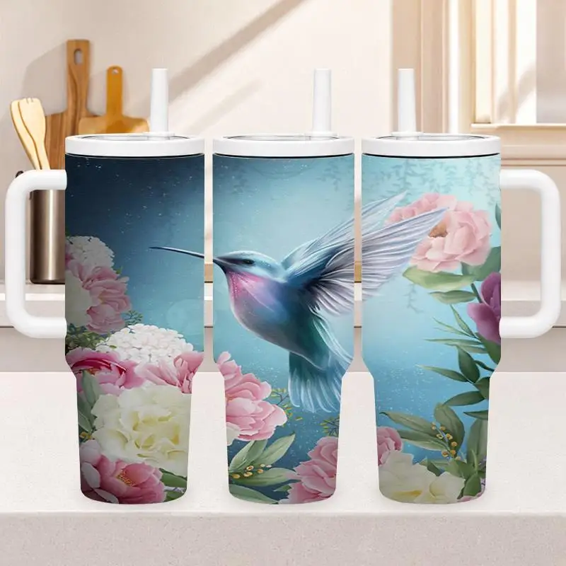1pc 40oz 304 Stainless Steel Hand-held Cup Hummingbird And Peony Flower Pattern Insulated Tumbler with Handle And Straw for Home Office Outdoor Travel Suitable Gifts for Halloween Christmas And Other Special Festivals