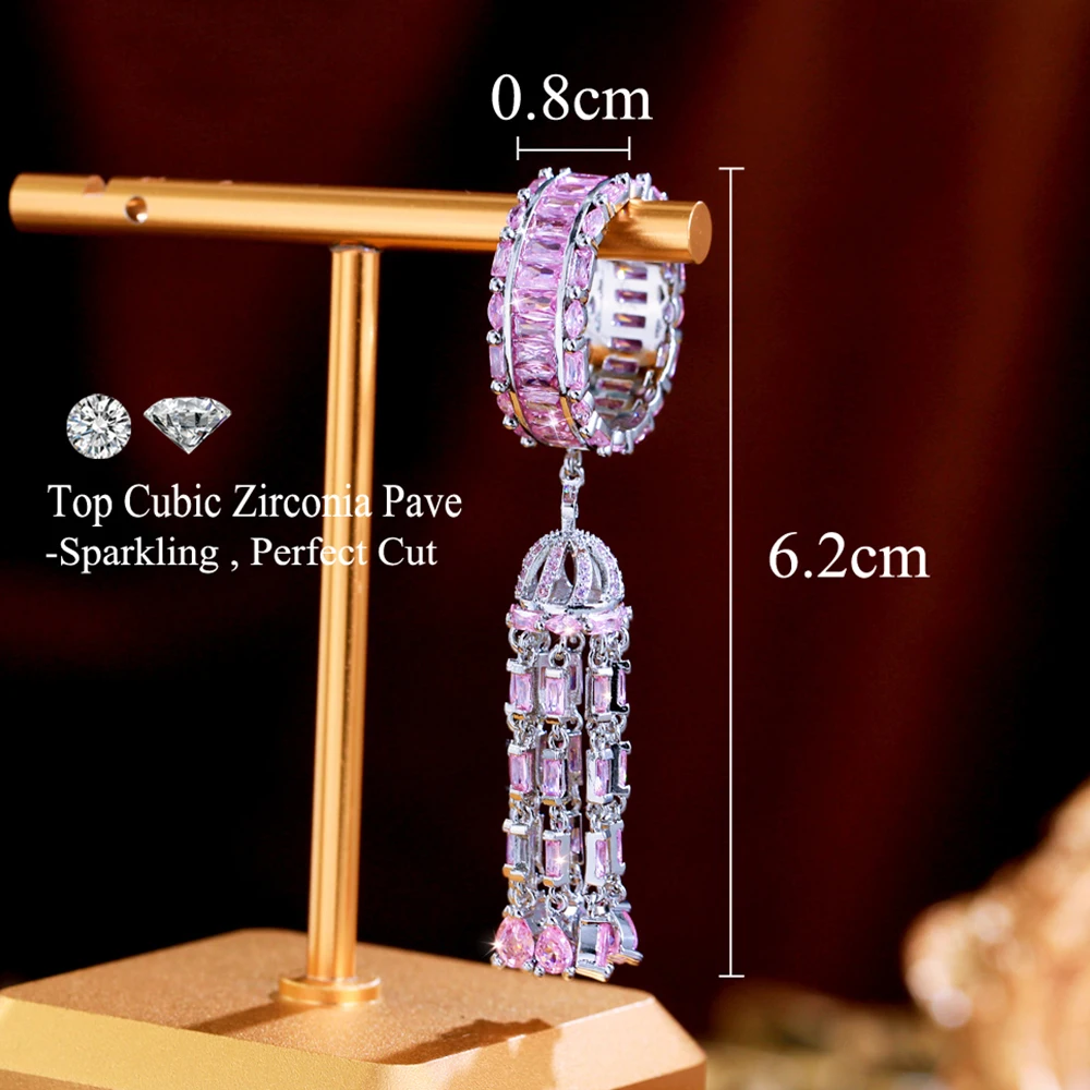 BeaQueen Gorgeous Shiny Pink Cubic Zirconia Trendy Long Tassel Rings for Women Engagement Wedding Jewelry Accessories Gift J0260