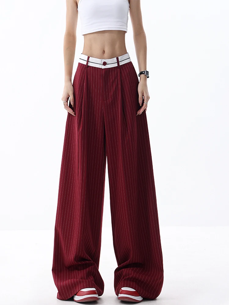 Korean Fashion Women Old Money Style Baggy Long Trousers Striped Vintage Irregular Design Loose Casual Pants 2000s Aesthetic New