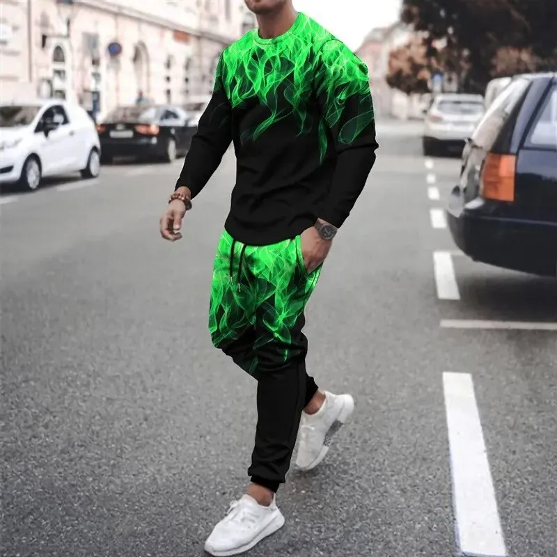 Mode 3d Farbe Flamme drucken Männer Sportswear 2 stücke Set Streetwear Langarm T-Shirt Hosen Set übergroße Pullover Mann Kleidung