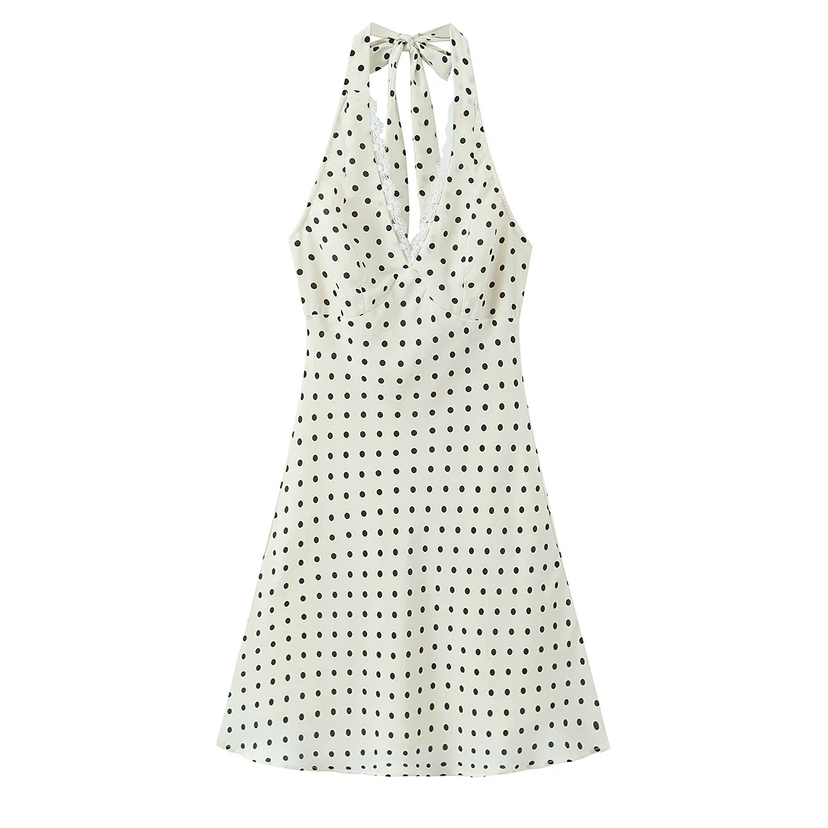 2026 summer polka dot print design lace trim tie-up halter backless slimming waist dress