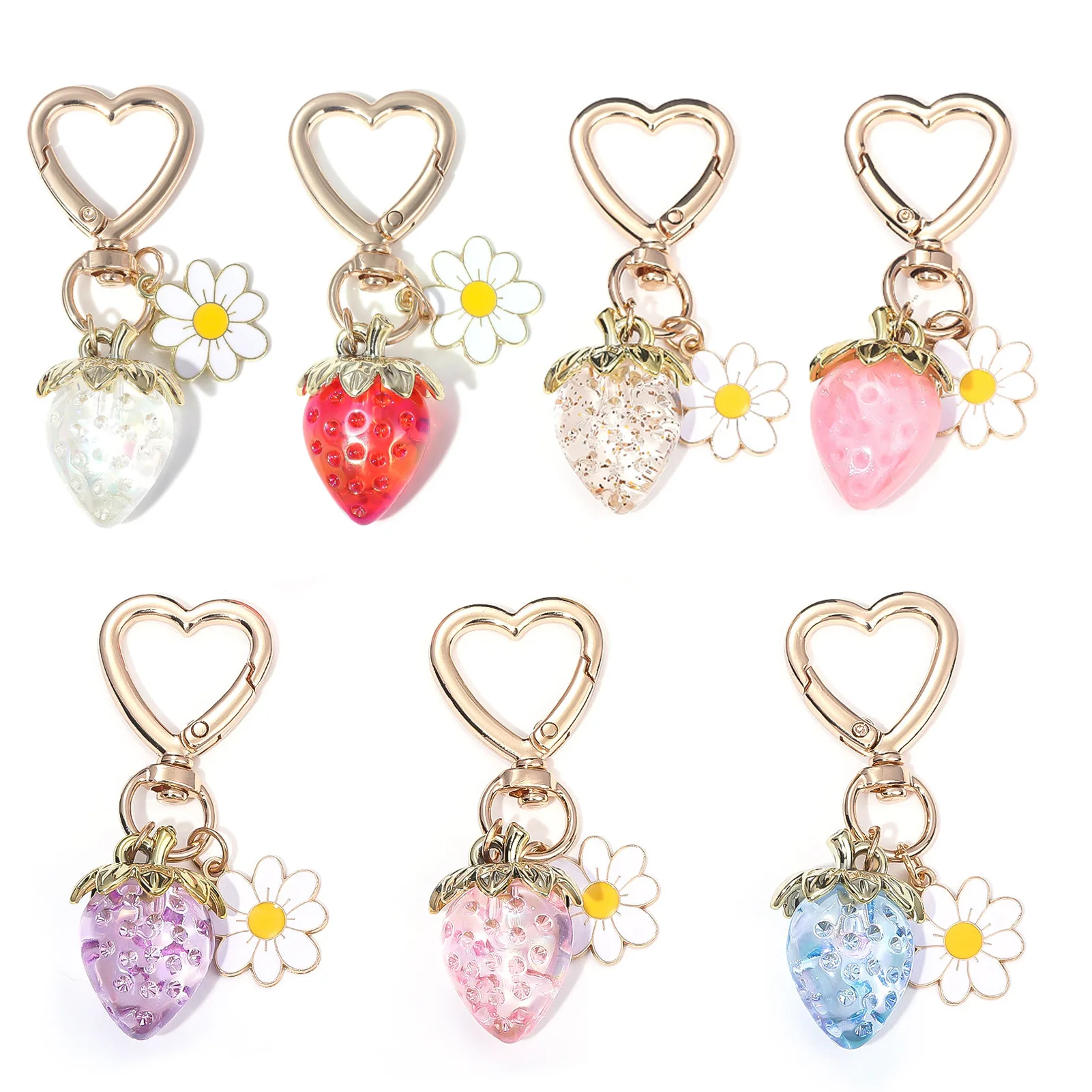 Cute Strawberry Bag Pendant Keychain Kawaii Heart Flower Daisy Key Chain for Women Girs Bag Purse Pendant Accessories Gift