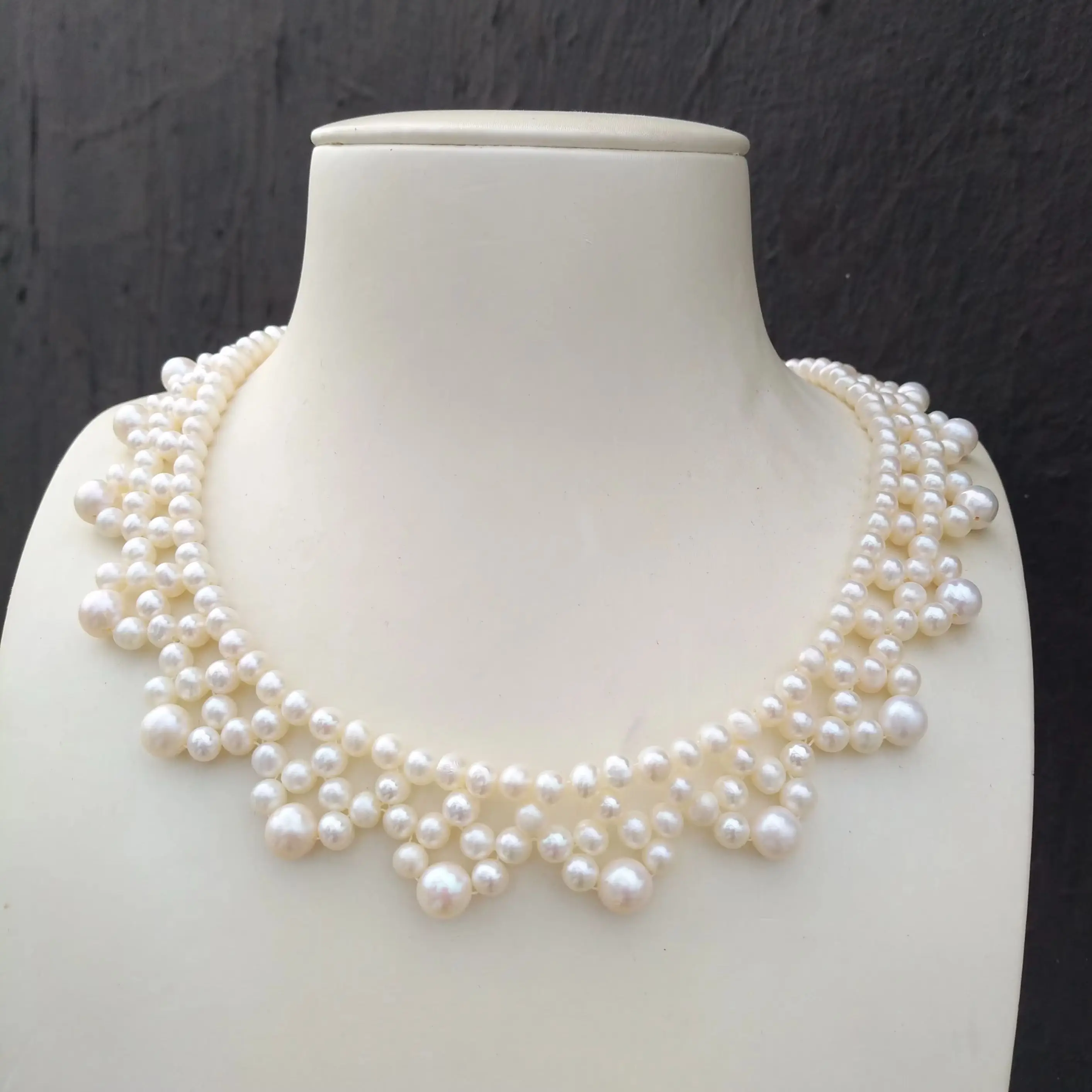 Double Strand Hand Knit AAAA 5-6mm 6-7mm Round Natural Akoya Real White Pearl Necklace Sterling Silver 925 Fine Jewelry