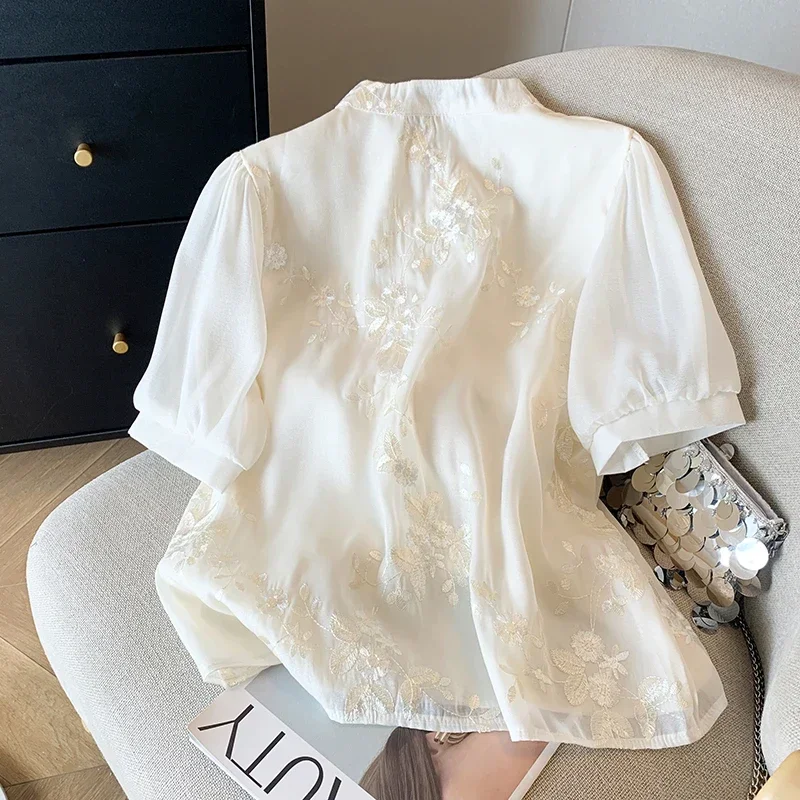 Chiffon Women's Shirts Summer Vintage Embroidery Blouses Floral Clothing Loose Short Sleeve Women Tops 2024 Korean