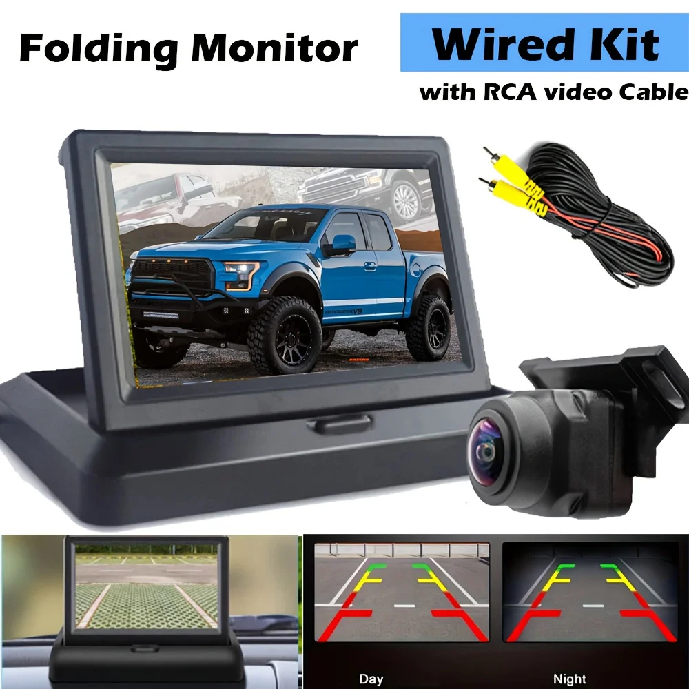 Bileeko Car Rear View Kit with 4.3 inch Foldable Monitor Backup Camera Wired RCA Video Cable/ Wireless Transmitter Optioanl-for