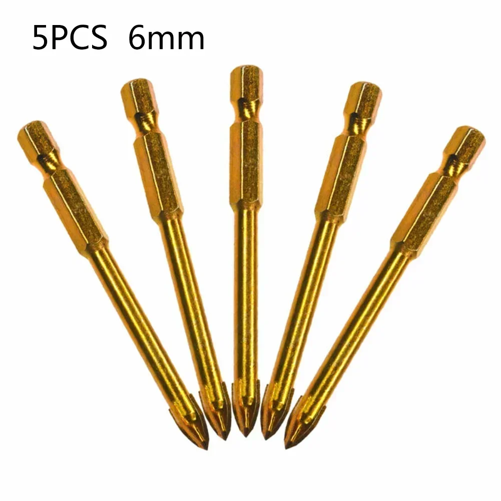 Set di punte da trapano per piastrelle esagonali a croce da 5 pezzi 6mm titanio marmo vetro mattone calcestruzzo punta elicoidale punta da trapano in legno metallo plastica