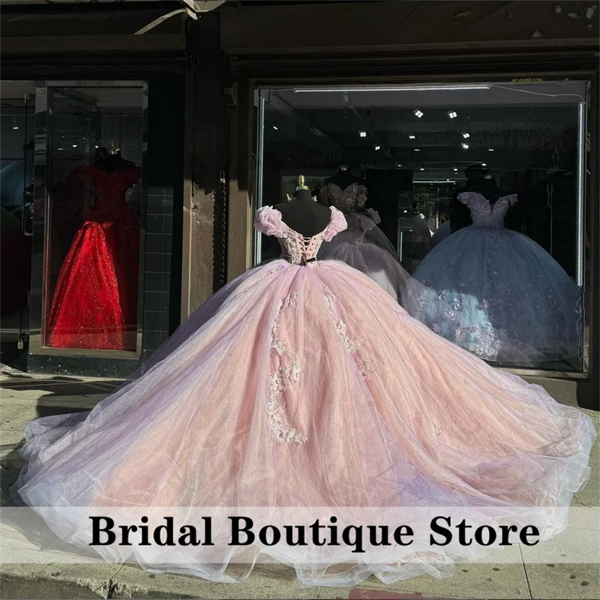 

Customized 2025 Glitter Pink Ball Gown Quinceanera Dres Lace Applique Beading Corset Gown Sweet 16 Vestidos De 15 Anos