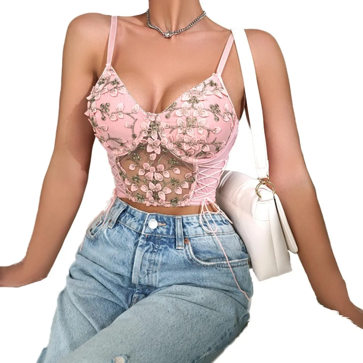 New Sexy Three-Dimensional Embroidery Steel Ring Gather Waist Strap With Sweet Spicy Wind Halter Vest See-Through Mesh Sexy Back