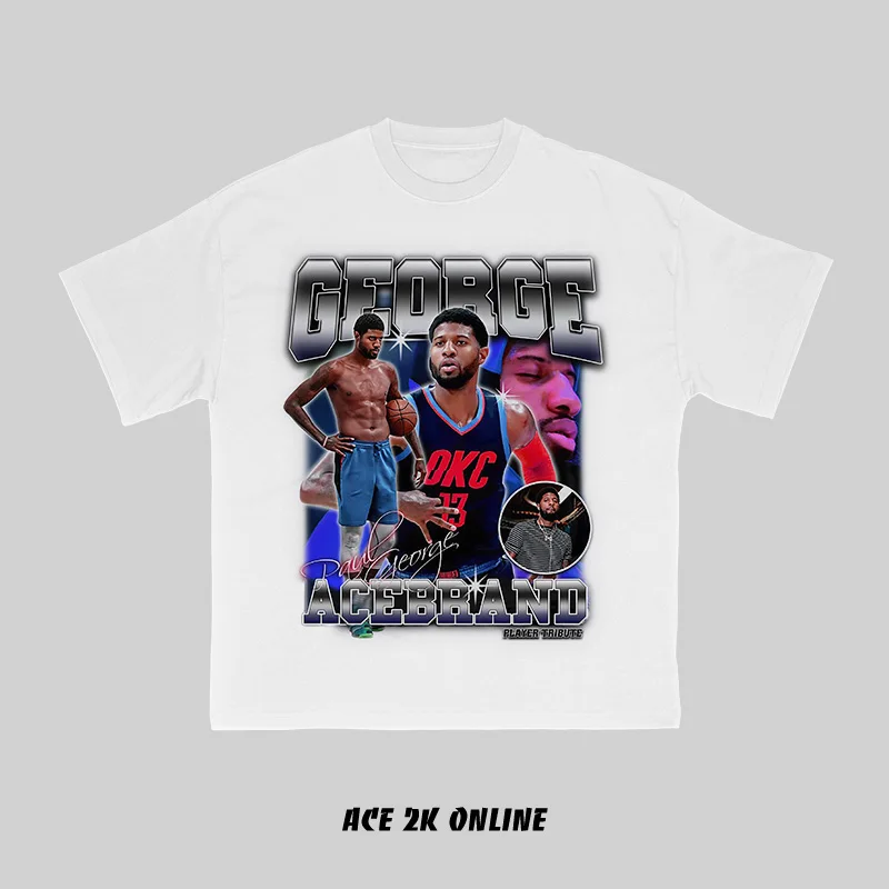 

Paul George Vintage Print Short Sleeve American High Street Fashion Brand Basketball Shirt Cotton Hip Hop T-shirt Small Neckline
