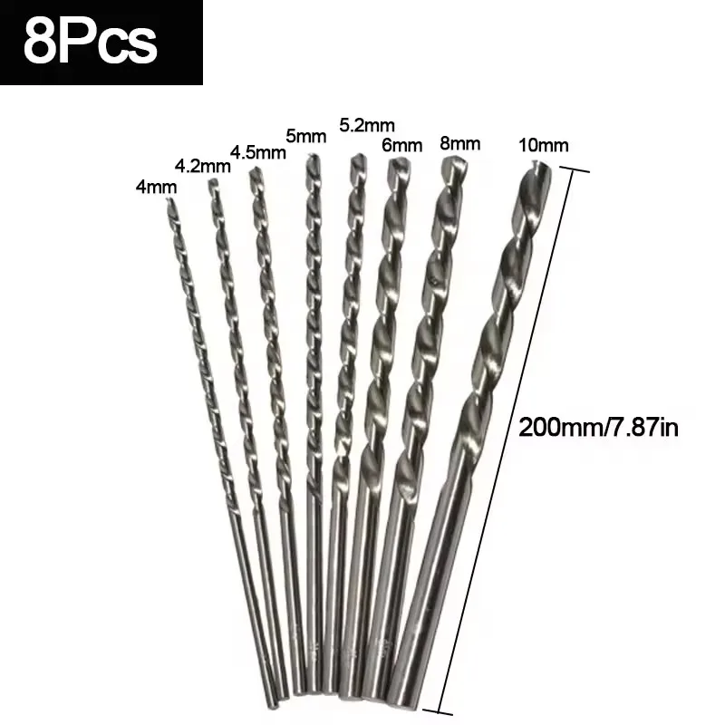 8pcs Extra Long High Speed Steel Straight Shank Twist Drill Bit Tool 4-10mm For Wood Spiral Drill Bit Drilling Tool Twist Drill
