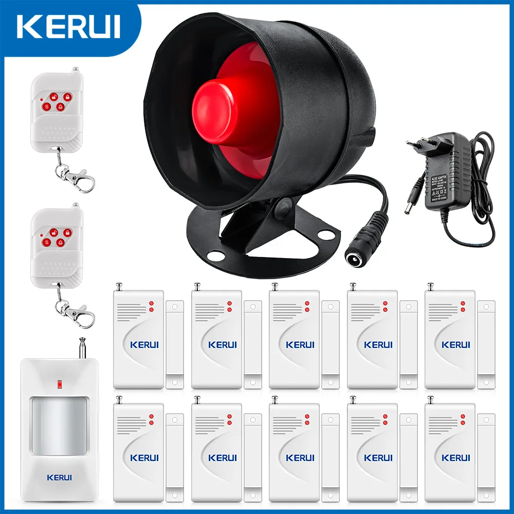 KERUI Security Alarm System Kit 110dB Wireless Loud Indoor/Outdoor Weatherproof Siren Horn with Remote Control and Door Contact