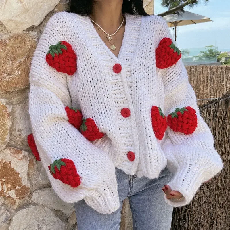 Large Size Women Sweater 2021 Spring Autumn Puff Sleeve Strawberry Sweet Full Cardigans Loose Girls Sweater Euro-America Style