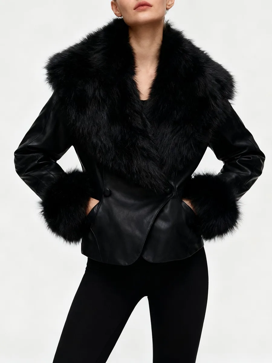 TWOTWINSTYLE Slimming Spliced Fur Collar Fashion Short Jackets for Women Lapel Long Sleeves Tunic Leather Jacket Female Clothing