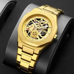 New Octagonal Design Quartz Wristwatches Men Golden Stainless Steel Dress Watch Date/Week Functions Luxury Clock Man 2023