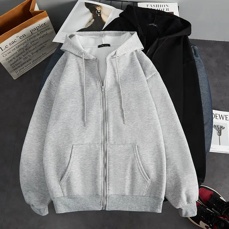 Autumn Winter Velvet Thickened Hooded Cardigan Sweatshirt Loose Men's Clothing Korean Version Warm Solid Color Zipper Chic Tops