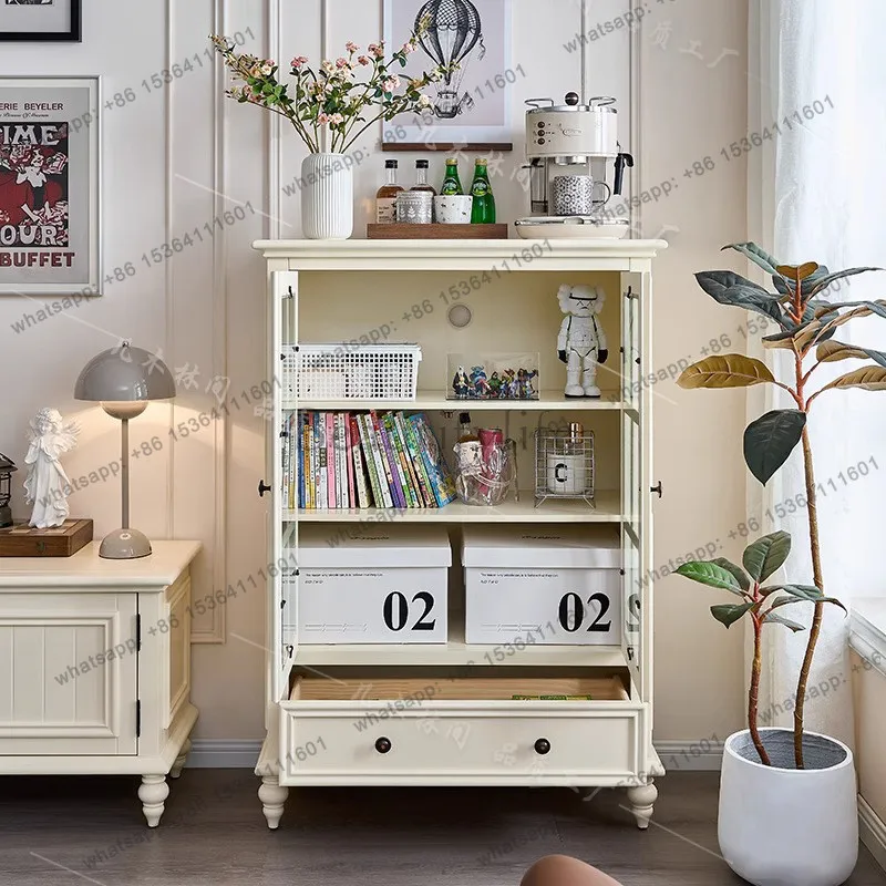 

French retro all solid wood cream white double door wine cabinet modern simple living room dining room display cabinet
