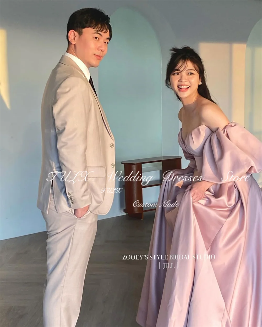 TULX Elegantes Satin A-Linie Korea Abendkleid Schatz Puffärmel Hochzeit Fotoshooting Kleid Bodenlanges Korsett Maßgeschneidert