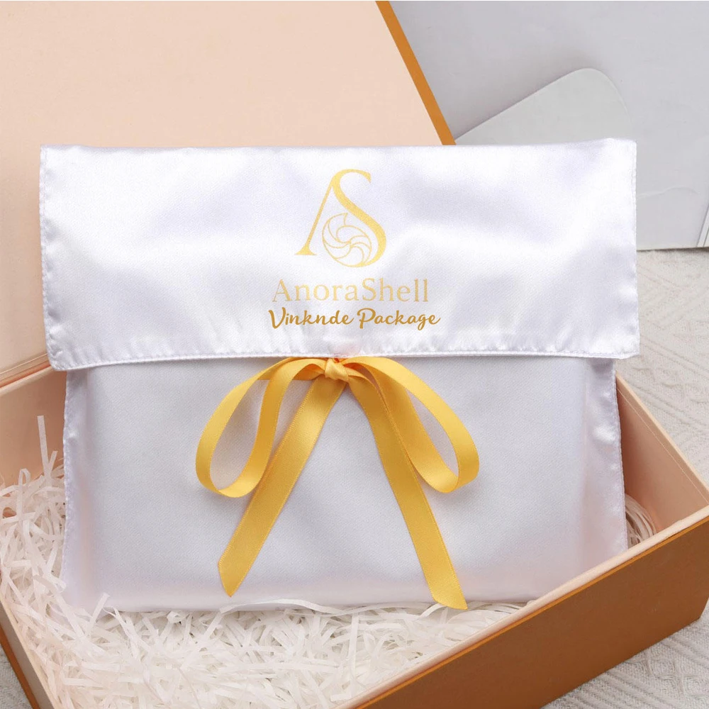 

Custom Logo White Satin Envelope Silk Bag with Bow Wigs Hair Extensions Packaging for Jewelry Shoe Pouch Clothes Flap Dust Bags