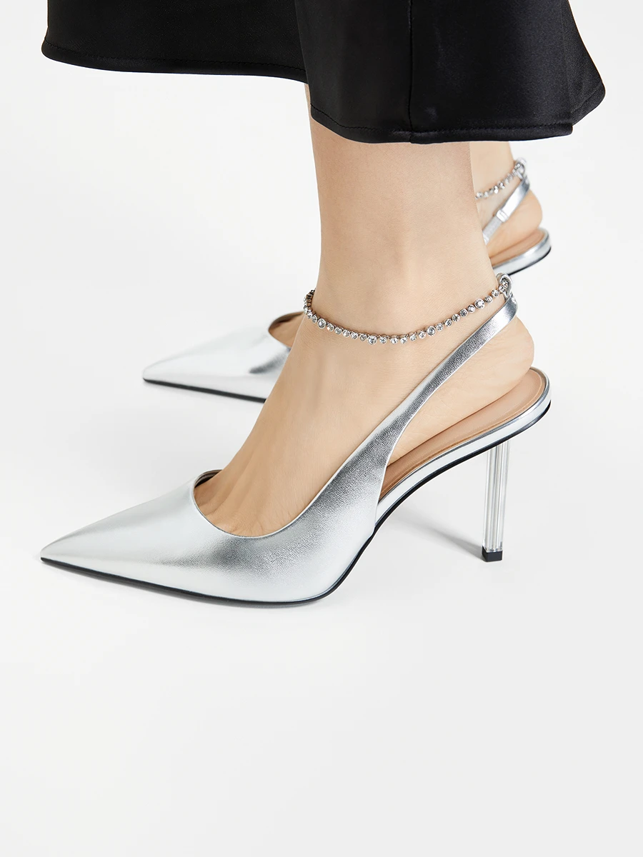 FWRD Women's Metallic Leather Pointed-Toe Chain-Strap Stiletto Sandals, Comfortable, for Parties & Evenings #FWRD000271