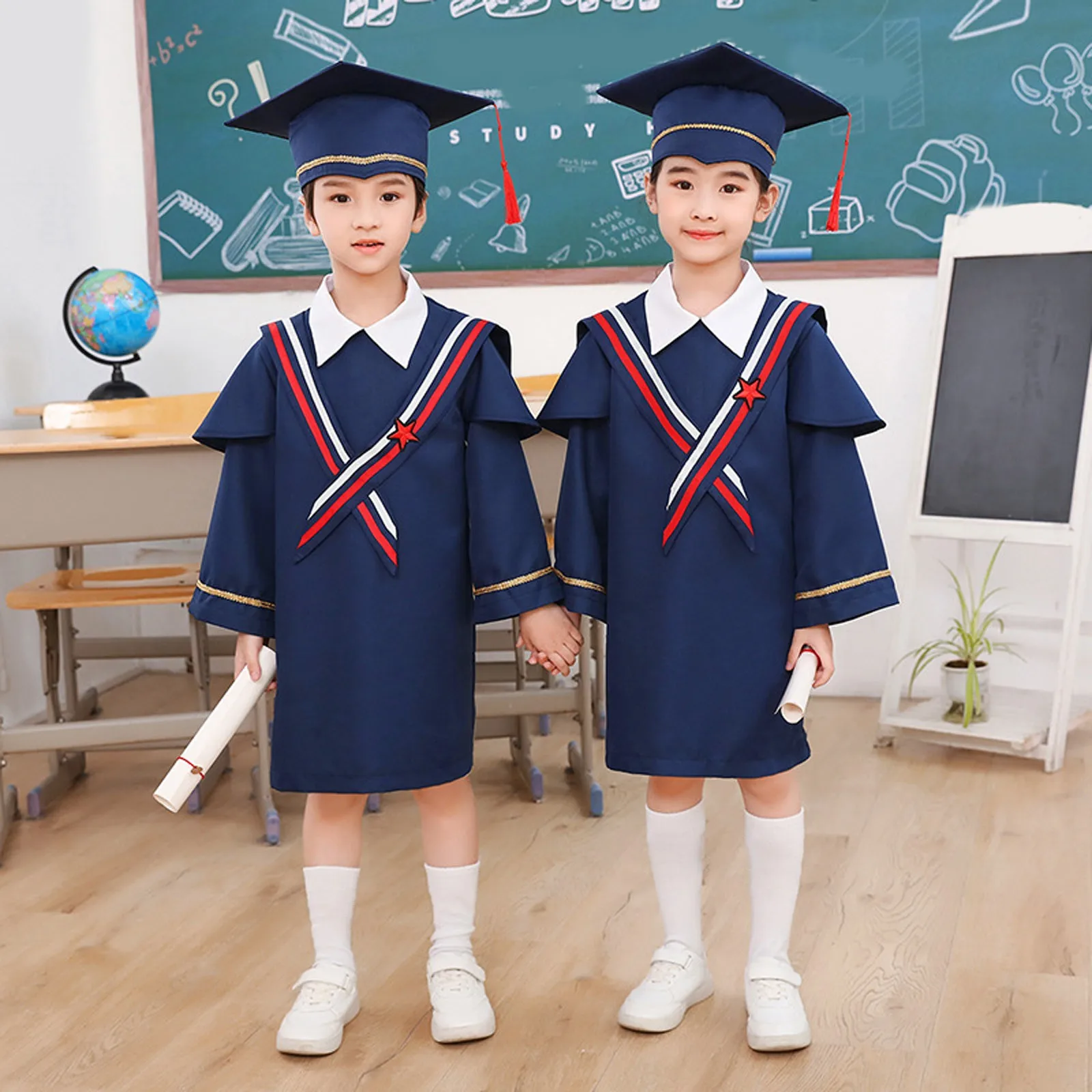 2024 New Arrival Graduation Ceremony Dress + Regalia Cap 2pcs Kindergarten Primary School Junior High School Students Graduation