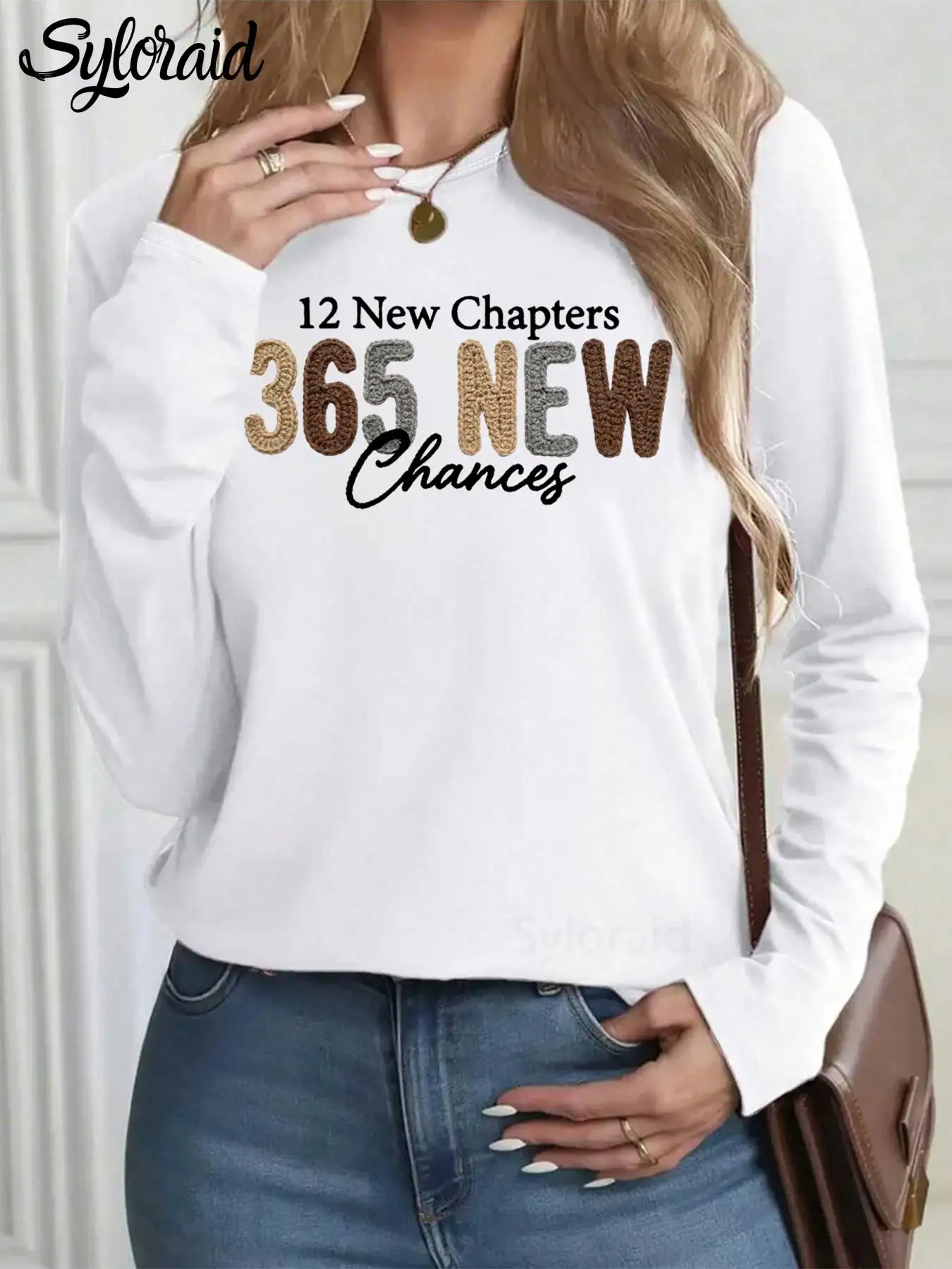 여성용 긴 소매 티셔츠 '12 New Chapters 365 New Chances' 프린트 티셔츠 패션 라운드 넥 캐주얼 탑