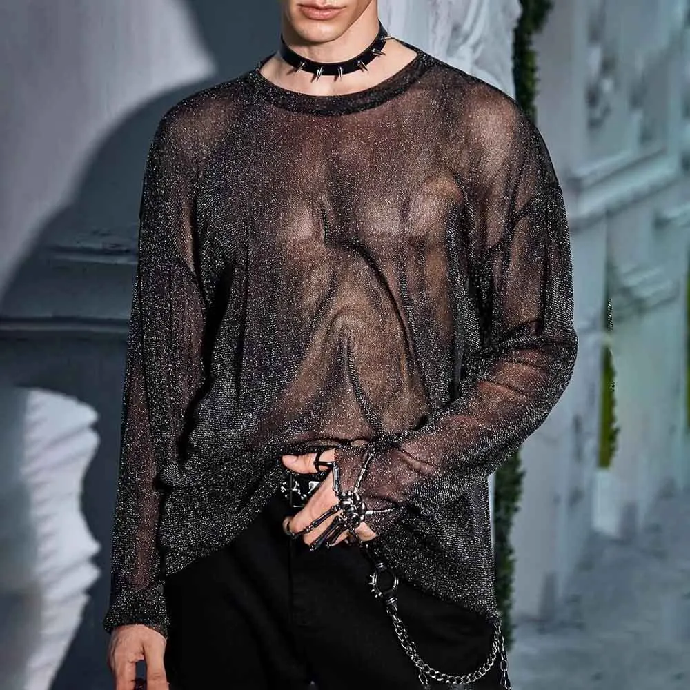 

Summer New Men's Shiny Long-Sleeved Perspective T-Shirt American Retro Fashion Trend Loose Casual Niche Breathable Men's Tops