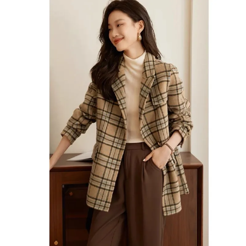 

Handmade Plaid Woolen Coat Women's Ele Outerwear Double-Sided Tweed Autumn Winter New Arrival Chinese Production