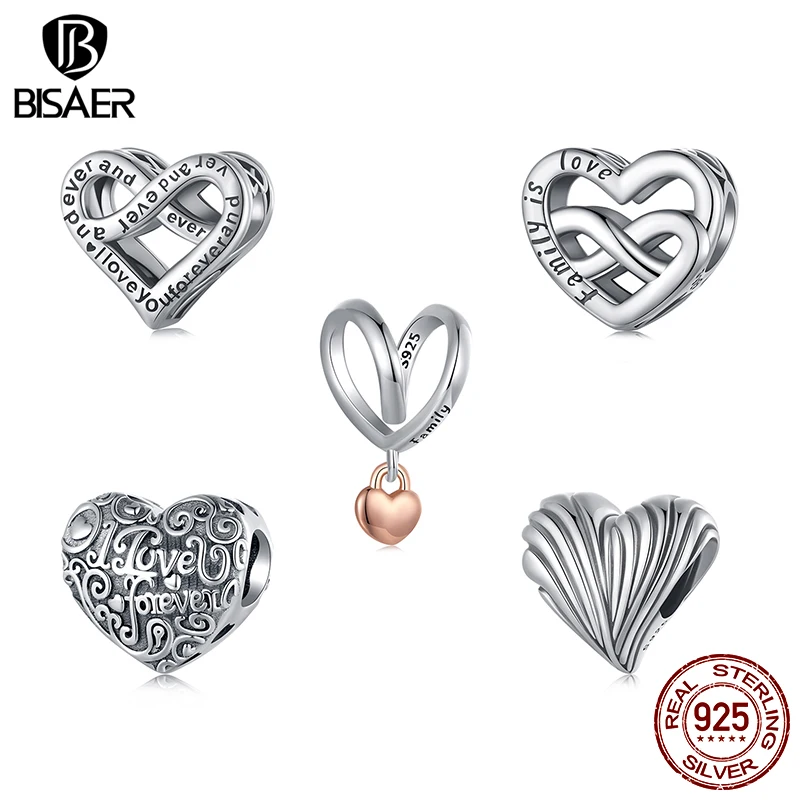 

BISAER 925 Sterling Silver Retro Pattern Heart Charms Beads Forever Love Pendant for Women DIY Bracelet & Necklace Fine Jewelry