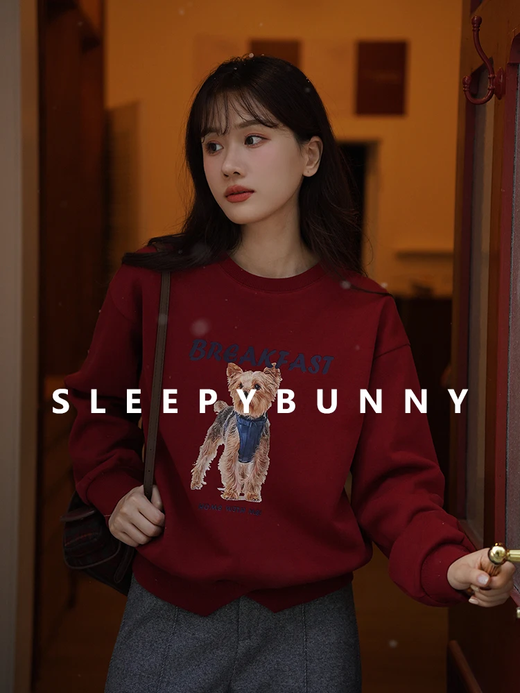 Winter Vintage Dog Print Fleece Sweatshirt Women Warm Loose fit Pullover Long Sleeve Red Casual Top Korean Fashion Chic 2024