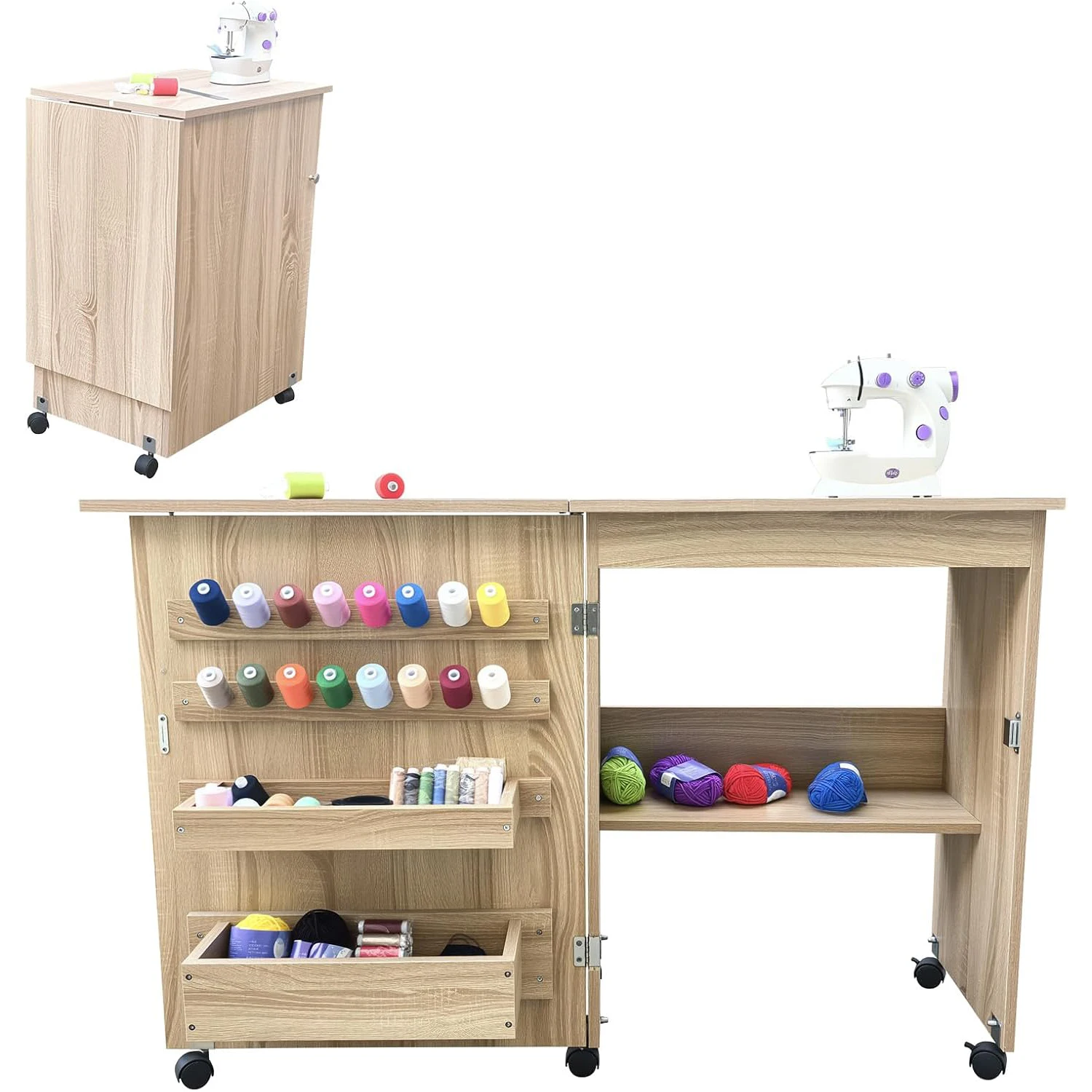

Folding Sewing Machine Table with Compact Design,Multipurpose Craft Station & Side Desk with Lockable Wheels, Storage Shelves
