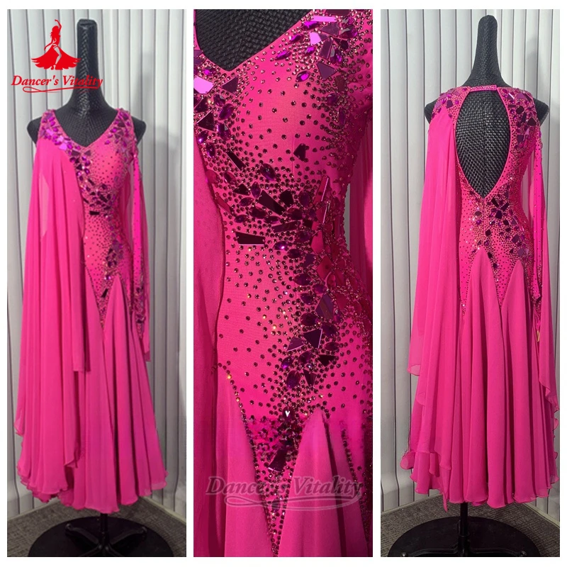 

Child&Adult Social Dance American Style Rose Color V-neck Dresses Customize Dancer's Vitality Female Adult Tango Contest Clothes