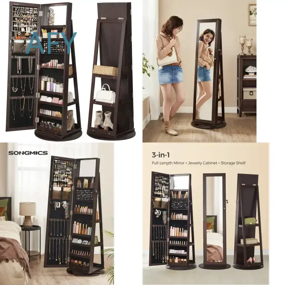 Storage Jewelry Cabinet with 360 Swivel Standing Mirror for Bedroom Furniture for Modern Home Decor for Dressing Table