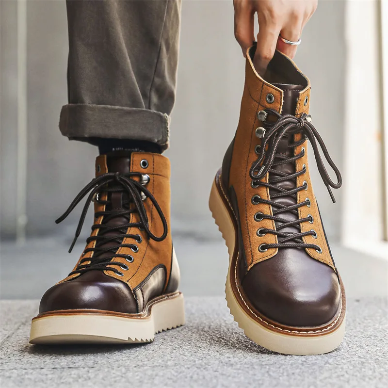 mens fashion party prom dress genuine leather boots lace-up platform shoes cowboy desert tooling boot cool high motorcycle botas